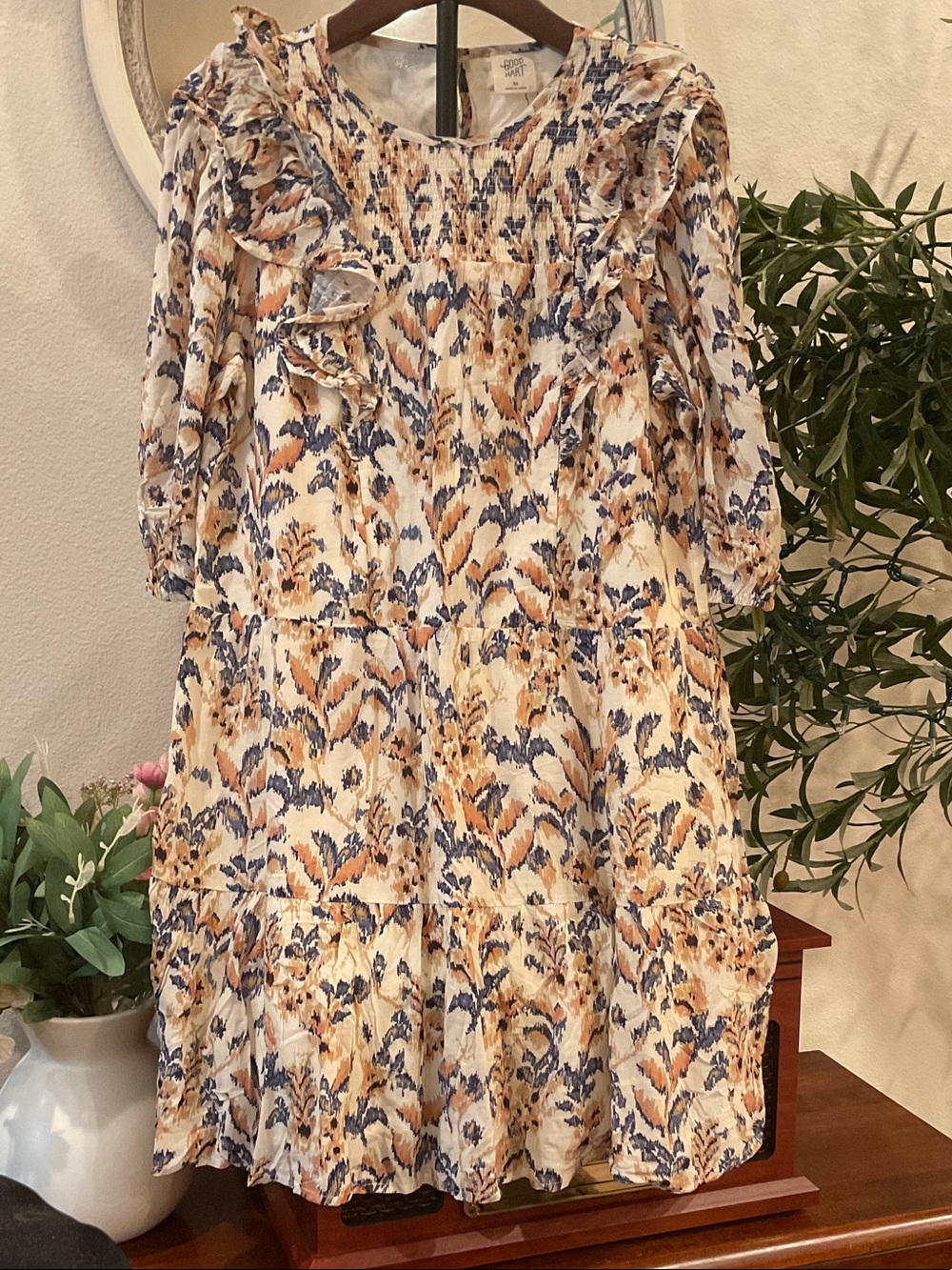 Perennial Smocked Ruffle Midi Dress in Cream with Blue, Peach and Tan Floral